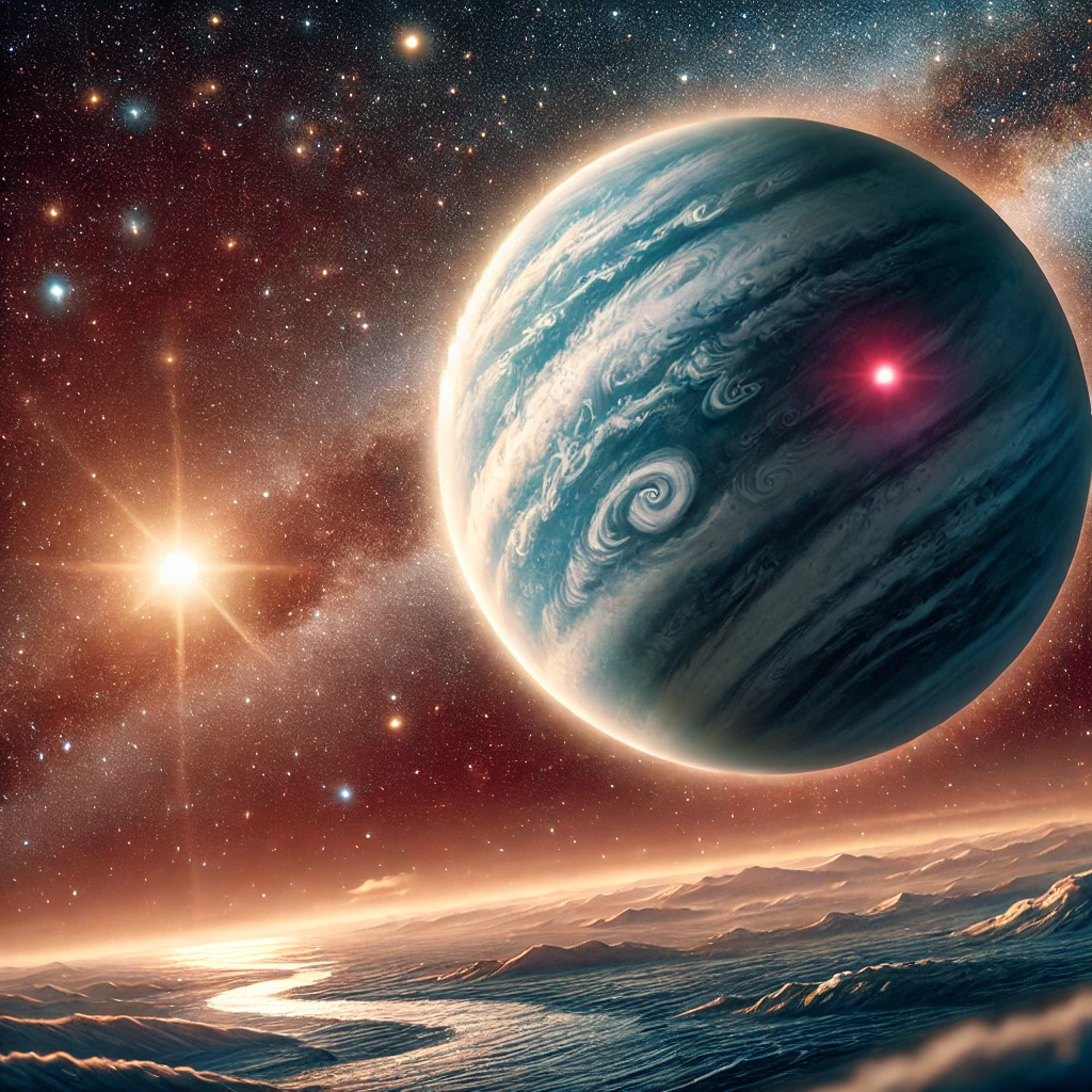 редполагаемый вид экзопланеты K2-18b, находящейся в 124 световых годах от Земли в созвездии Льва, это планета с огромными океанами и плотной атмосферой, окружённая облаками, с орбитой вокруг красного карлика 