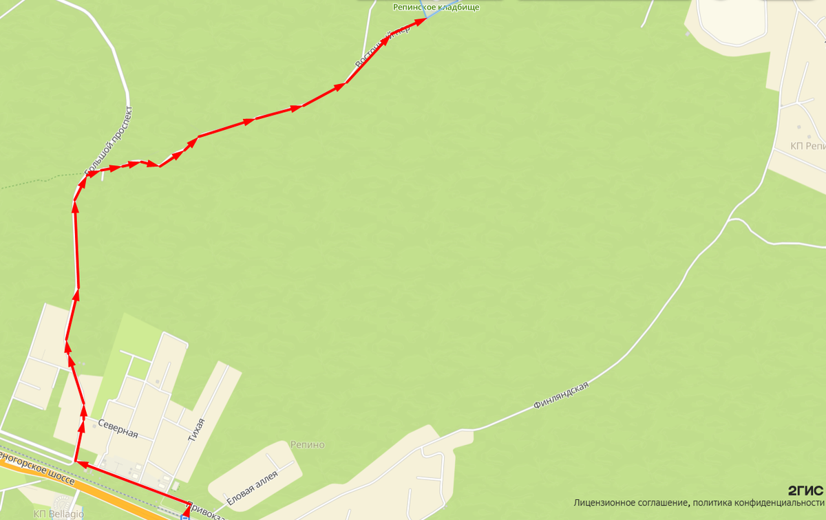 Маршрут от вокзала в Репино до местного кладбища.