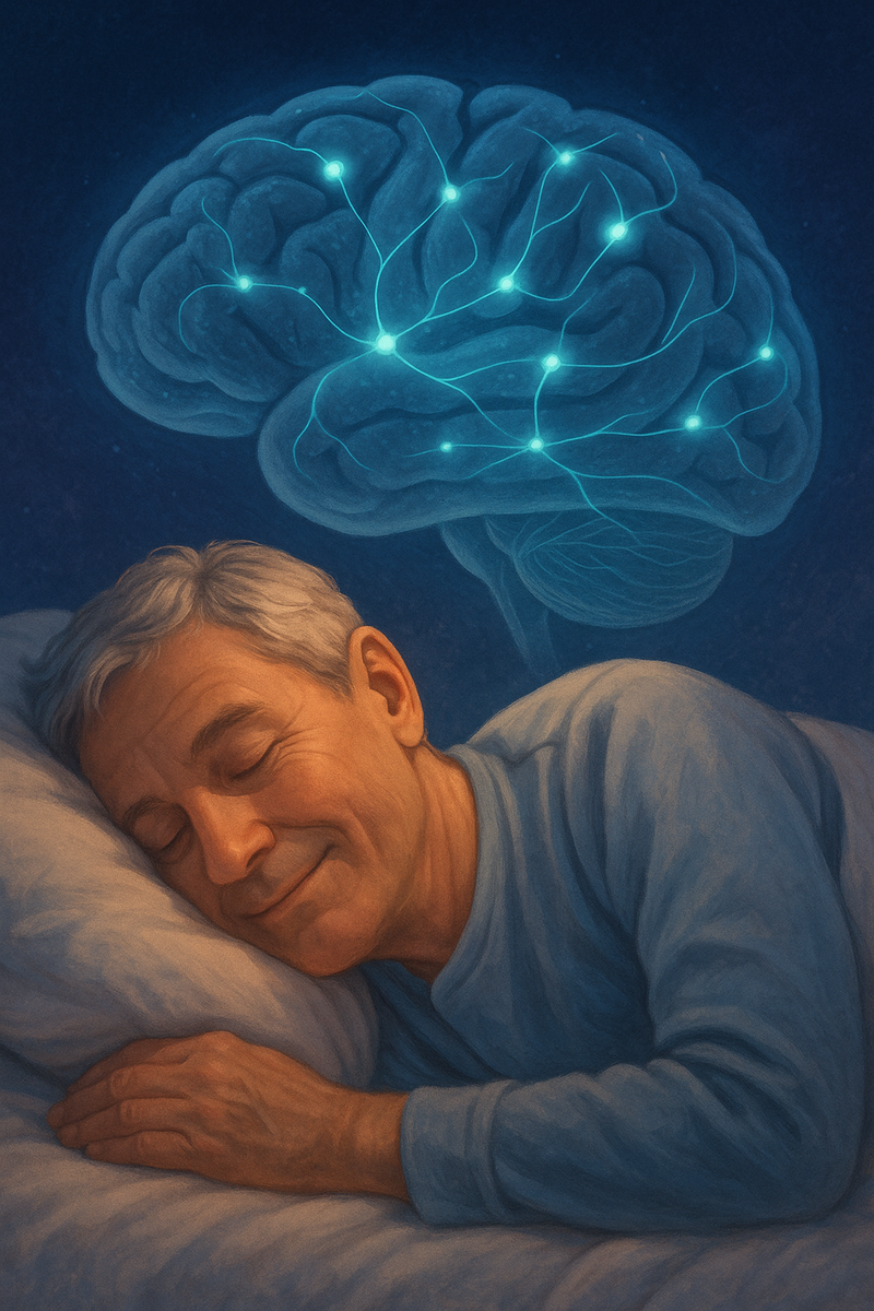 Мужчина средних лет с визуализацией мозга на фоне нейронных сетей — символ активной умственной деятельности в зрелом возрасте.