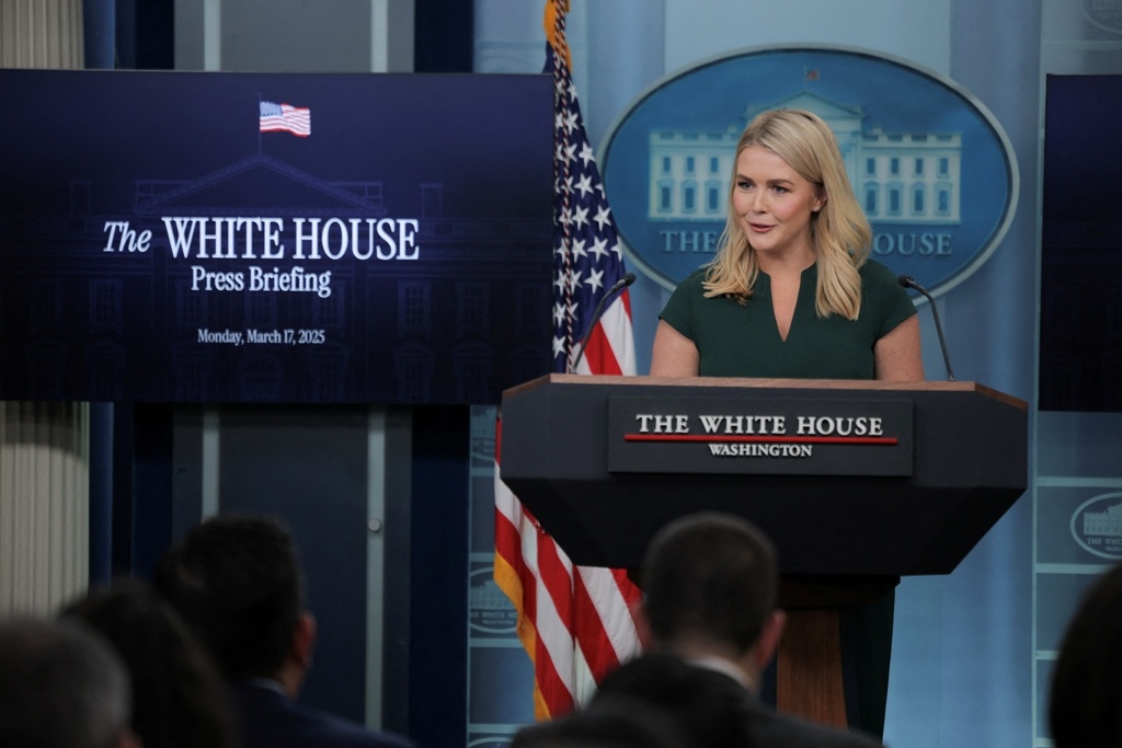    White House Press Secretary Karoline Leavitt speaks to members of the media, in the briefing room at the White House, in Washington, D.C., U.S., March 17, 2025. REUTERS/Carlos Barria