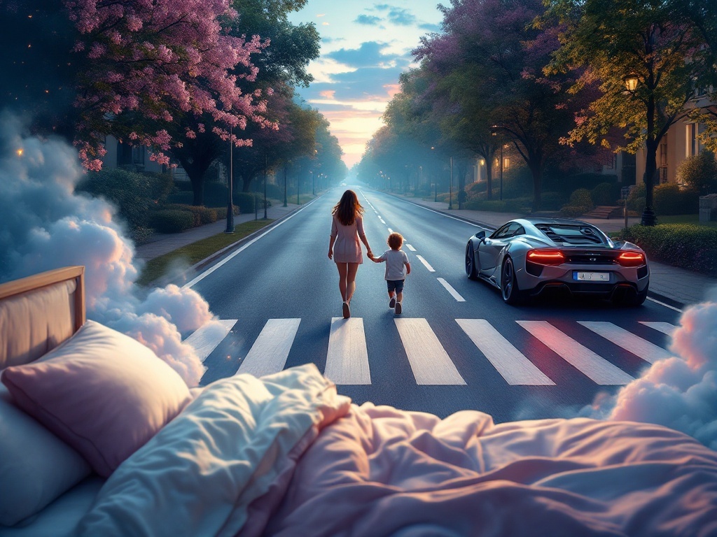    К чему такое снится: На картине изображена дорога днем с зеброй. В центре женщина ведет за руку ребенка, а второй ребенок бежит впереди к тротуару. С правой стороны нарисована приближающ