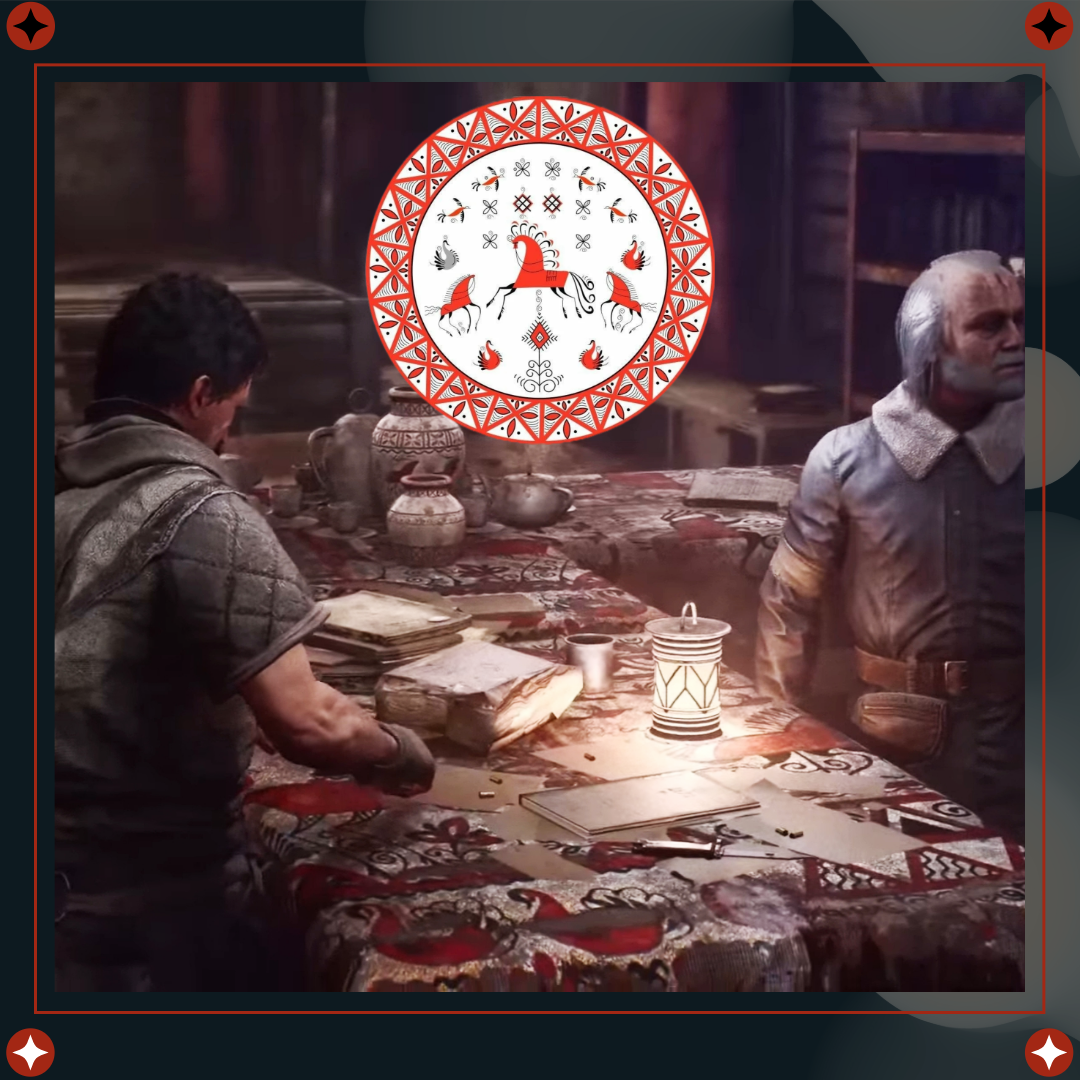 PIONER (скриншот из игры) и мезенская роспись (из публичных источников)