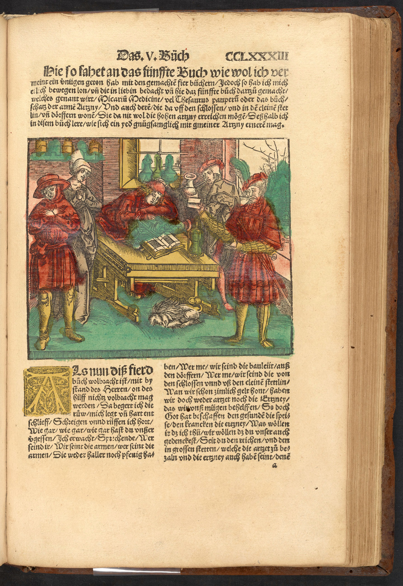 Иероним Брауншвейгский уснул за рабочим столом, гравюра из Liber de Arte Distillandi de Compositis, 1512 год