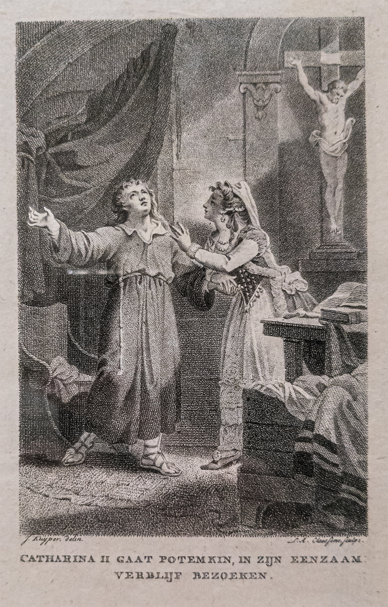 Екатерина в келье Потёмкина. Гравюра Ламбера Антуана Клессенса по рисунку Жака Куйпера.