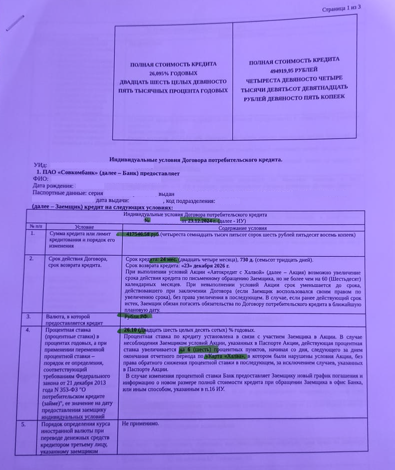 Кредитный договор в ПАО "Совкомбанк"