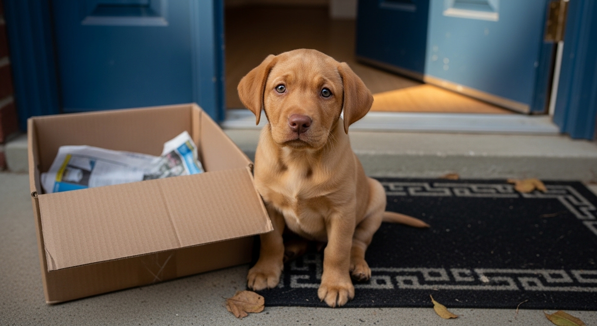 Маленький щенок лабрадора сидел рядом с коробкой в которой его принесли.