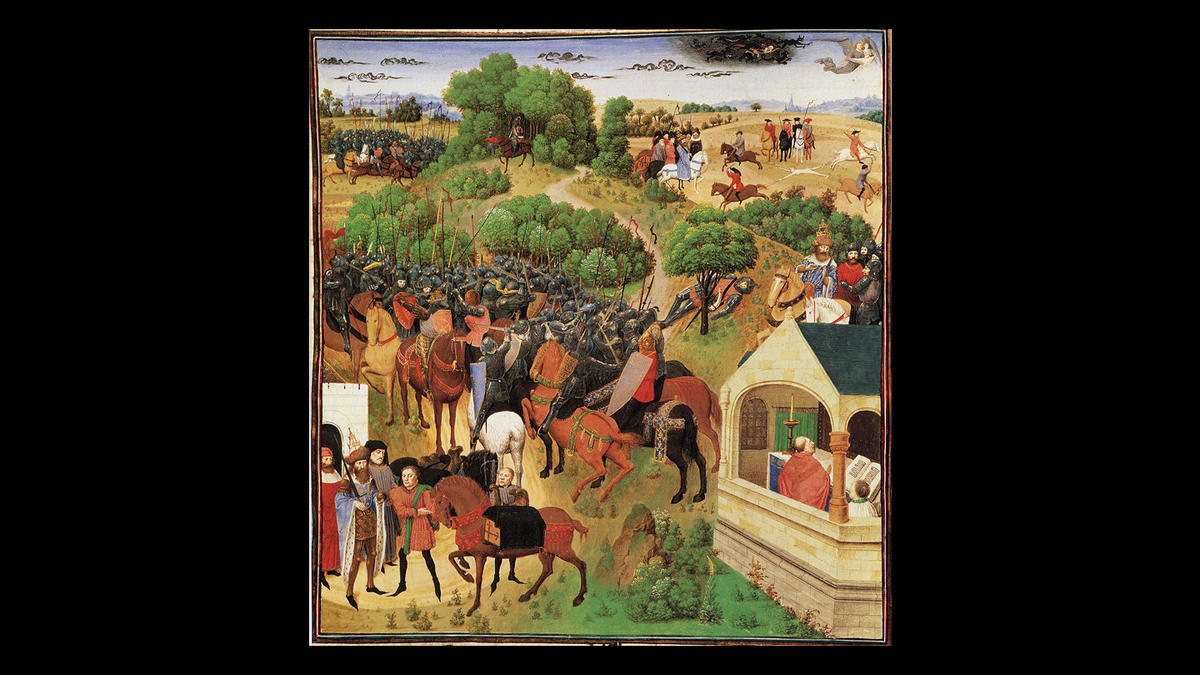 Иллюстрация «Восемь фаз "Песни о роланде"» Симона Мармиона из иллюминированного экземпляра «Больших французских хроник» (начало XI — конец XV в.). Изначально принадлежал Филиппу Доброму, герцогу Бургундского. Сейчас хранится в Эрмитаже.