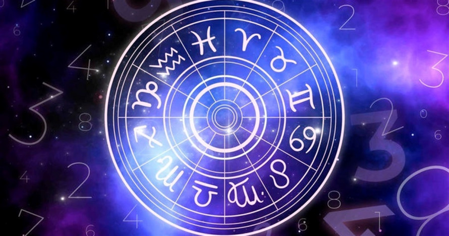 Астрологическая иллюстрация "Гороскоп на сегодня" — мистическое ночное небо, сияющие символы зодиака в круге и космические элементы