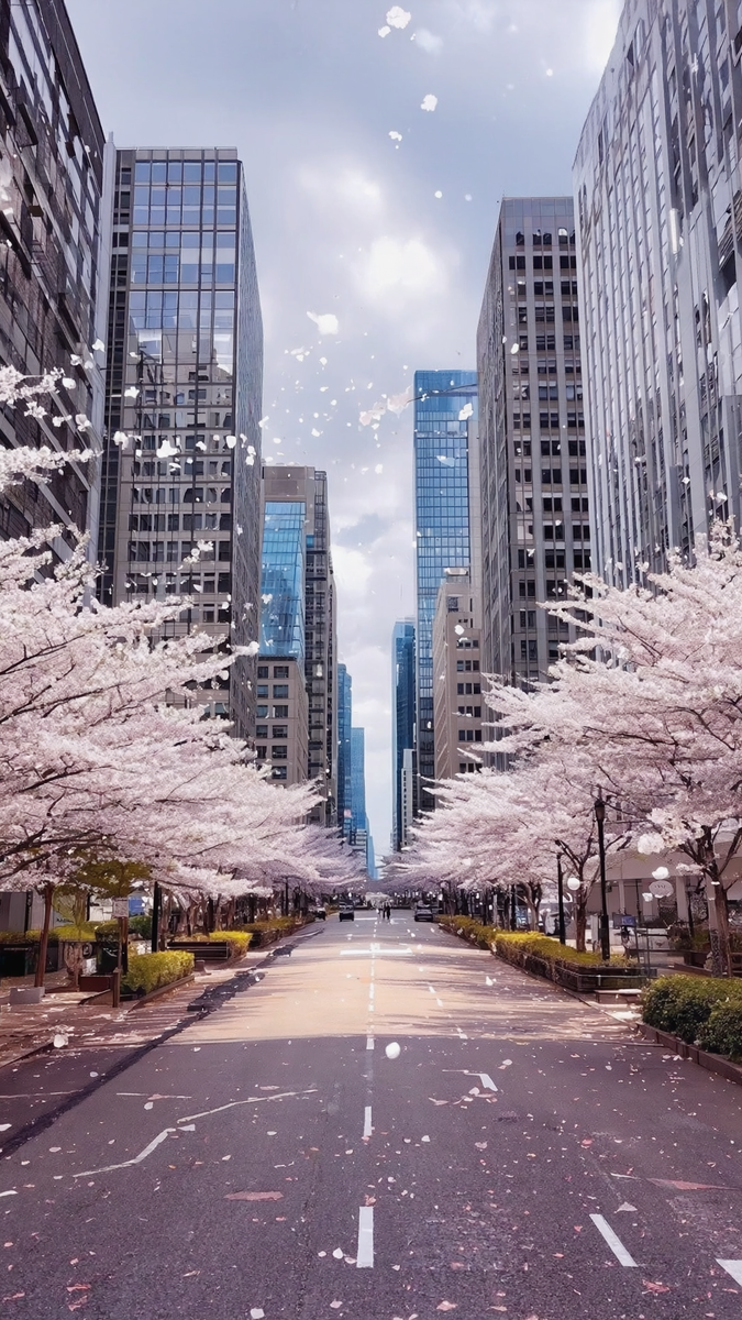 Городская улица ранней весной, в воздухе визуализированы облака пыльцы и мелких частиц.