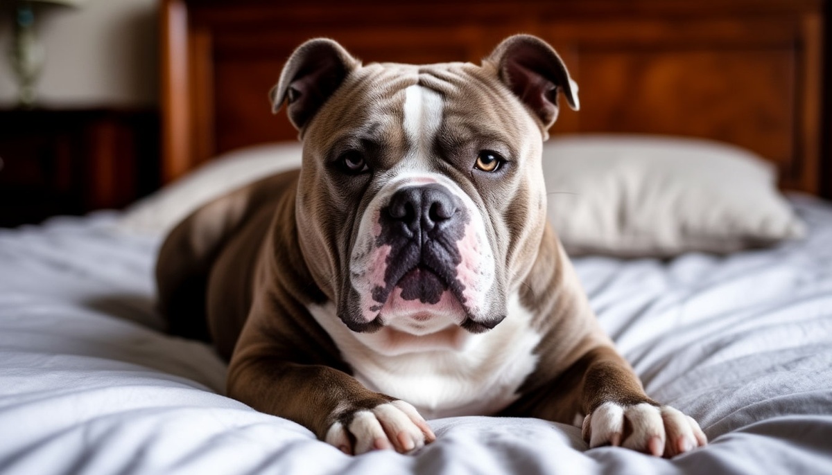 Американский булли на кровати