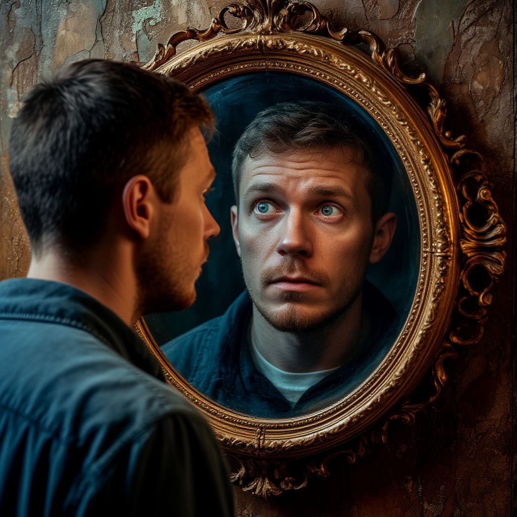 Человек смотрит в зеркало