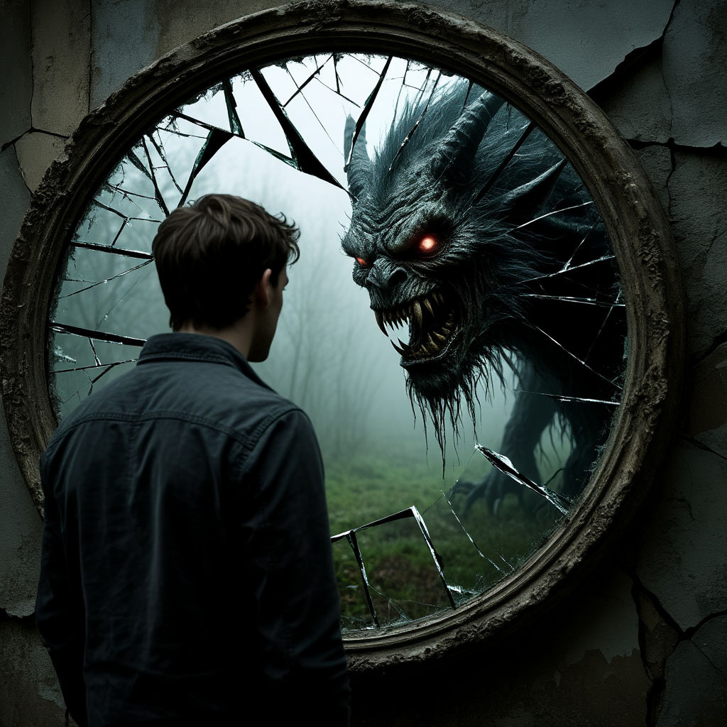 Человек смотрит в разбитое зеркало