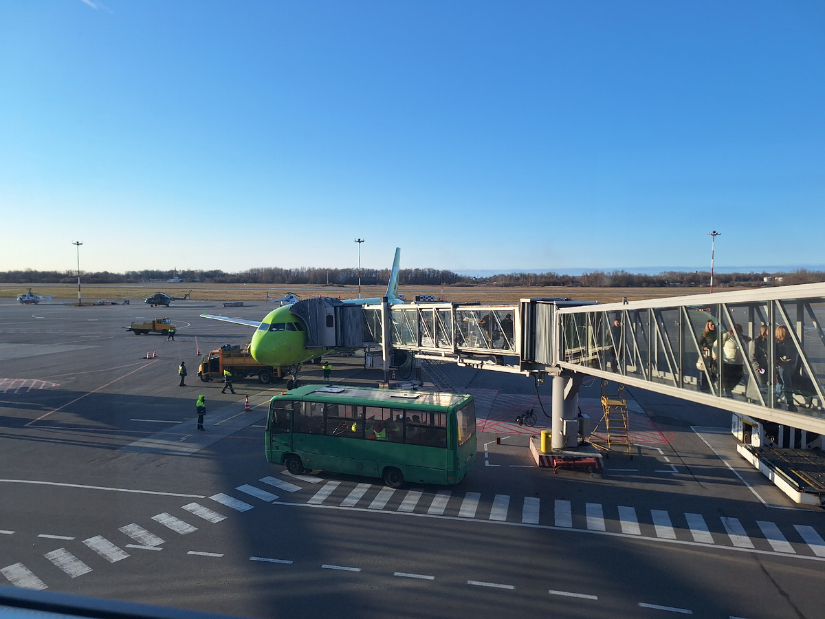 Небо, перрон, самолет, телетрап. Выгрузка багажа.