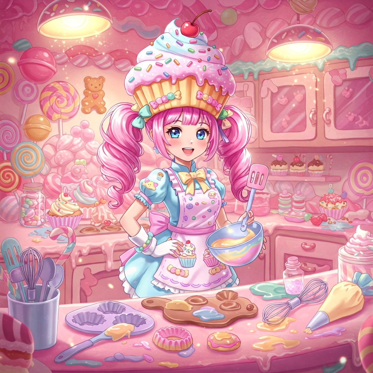 Гипердетализированная 2D мультяшная иллюстрация девушки-кондитера