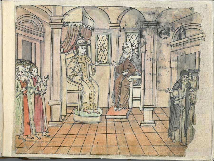 Михаил Федорович и патриарх Филарет советуются.