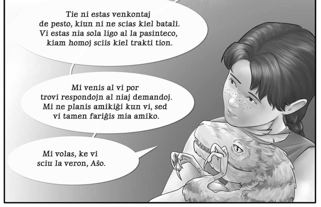 Кадр из Эсперанто-версии научно фантастического комикса "Дары бродячих льдов" на сайте mildegard.ru