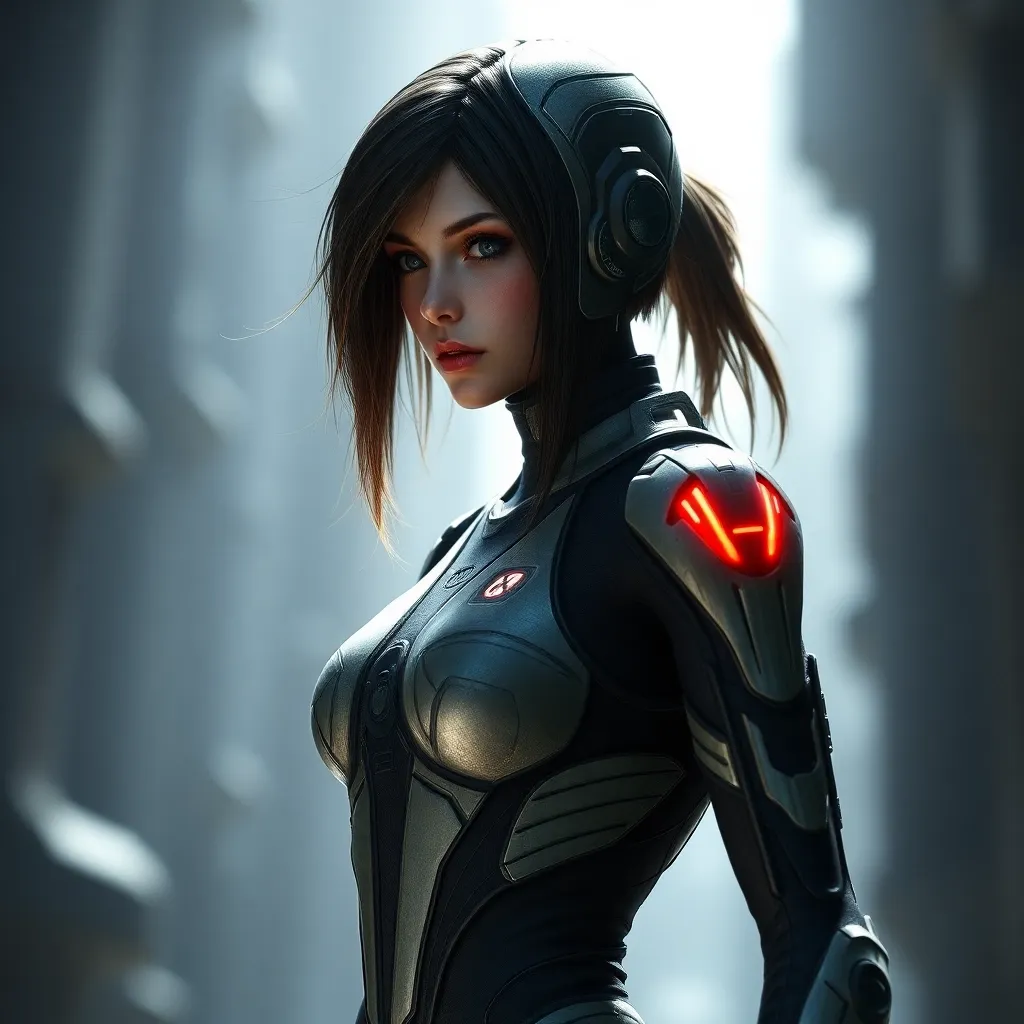 Генеративное изображение девушки в нанокостюме.