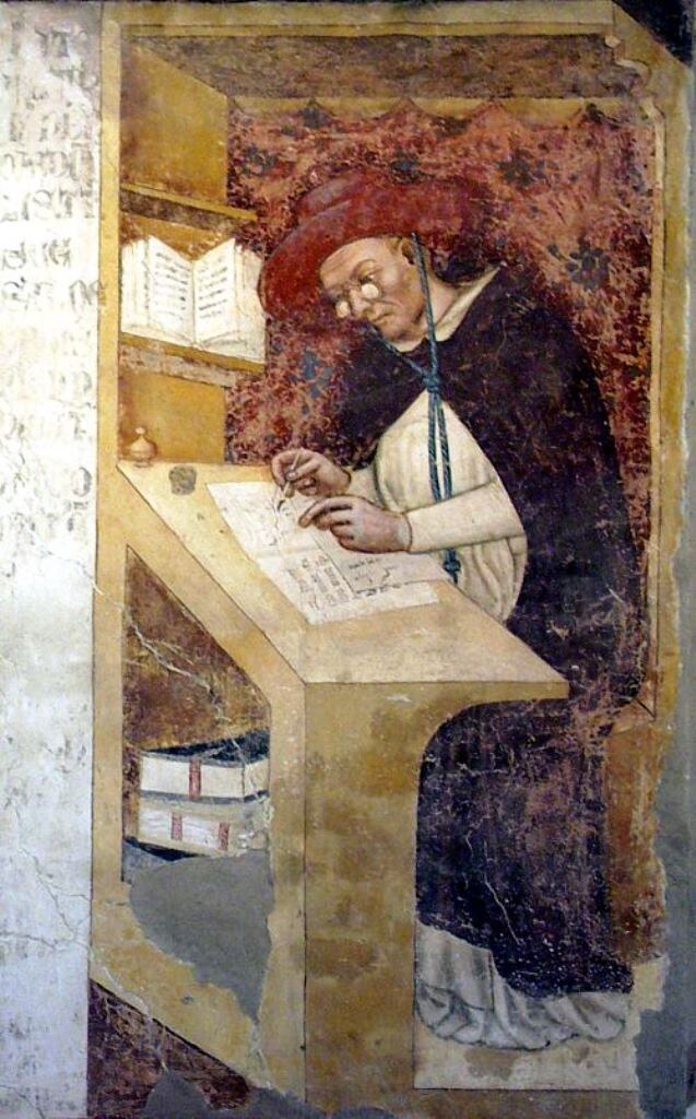 Портрет доминиканца Гуго де Сен-Шера, кардинала-епископа Остии, умершего в 1263 году. Фрагмент фрески в зале капитула церкви Сан-Николо в Тревизо, Италия, написанной Томмазо да Модена в 1352 году. Хотя это одна из старейших картин, изображающих человека в очках, эта характеристика является анахронизмом, поскольку во времена Хьюга де Сен-Шера очков не существовало.