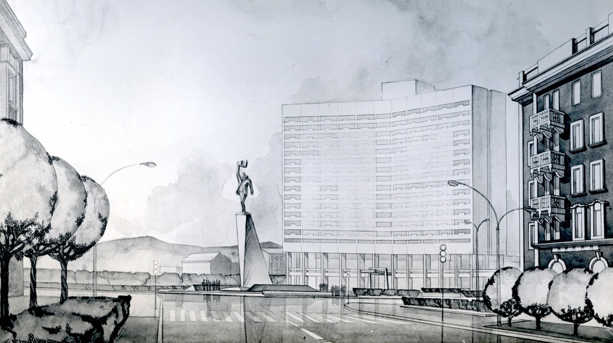 Изображение: памятник Покорителям Арктики. Один из объектов «Неизвестного Мурманска» – несуществующего, оставшегося только в планах и архивных документах. 1981 г. Из фондов ГАМО. Источник: проект «СкульптурNo!» ВКонтакте