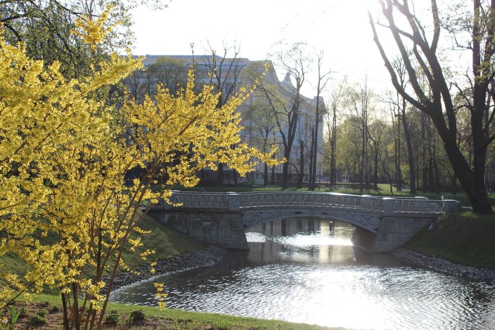 Живописный вид парка «Михайловский грустный» на Садовой улице в конце апреля