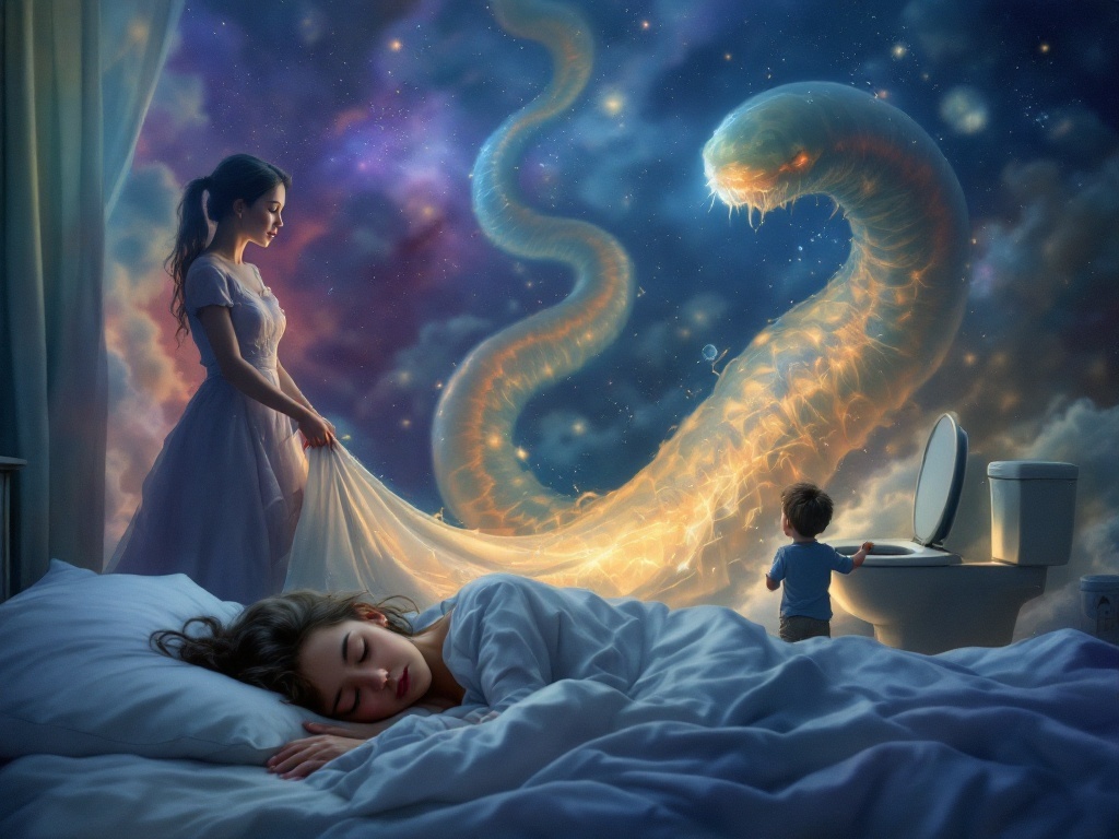    К чему такое снится: На картине изображена женщина, стоящая и держащая тряпку, под которой заметно извивается большой червь. Рядом с ней маленький мальчик, смотрящий на сцену. В фоне вид