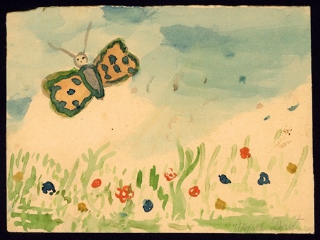 Цветущий луг с бабочками – картина Дорит Вейсеровой – девочки, находившейся в заключении в Терезинском гетто. Она была убита в 1944 году в немецком нацистском концлагере и лагере смерти. (Еврейский музей в Праге)