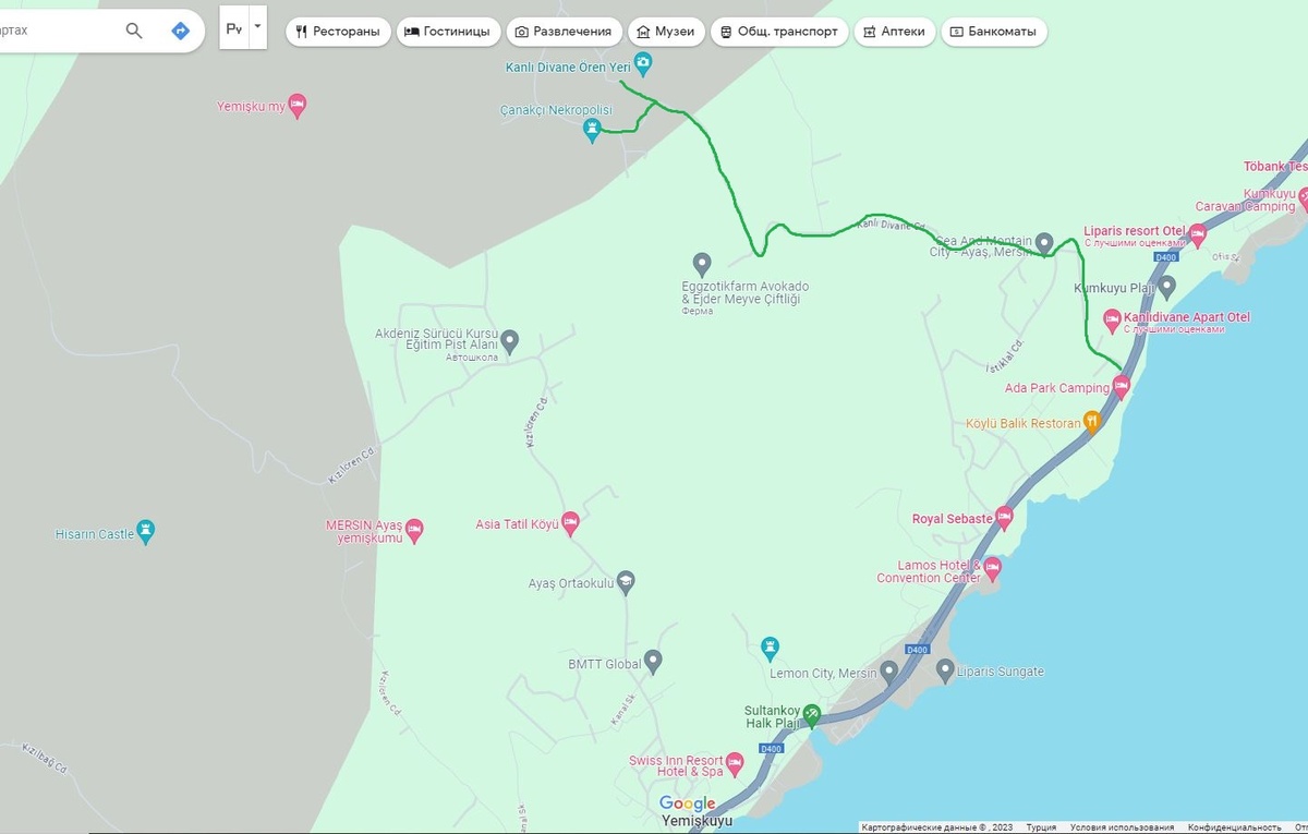 маршрут к Канлыдиване (обозначен зеленым)