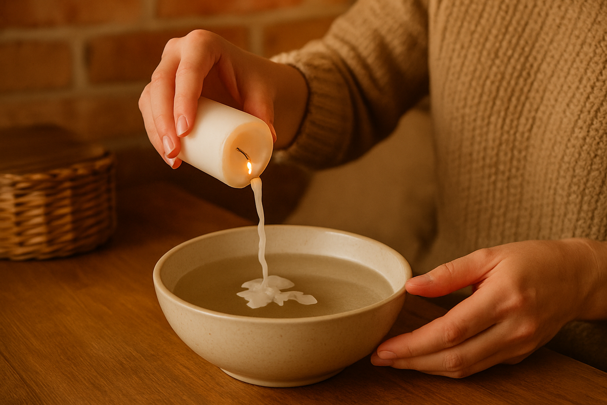 Растапливают воск и медленно выливают его в чашу с холодной водой.