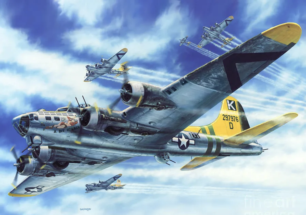 Самолёты B-17 на задании во время Второй мировой войны. Рисунок Стью Шепарда.
