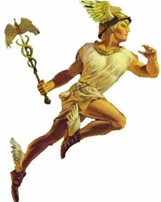 Меркурий. Обратите внимание на жезл, шлем, обувь и денежный мешочек.