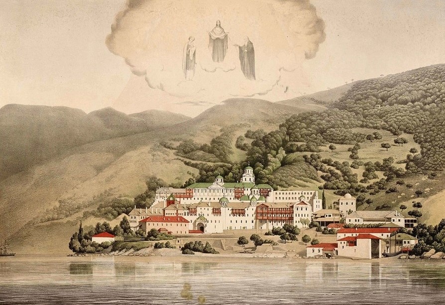 Афон. Вид русского Св.Пантелеймона монастыря. Рисунок 1870-1880 гг.