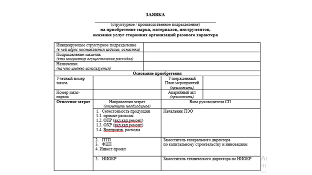 Составлено автором. Заявка на приобретение сырья, материалов, инструментов, оказание услуг сторонних организаций разового характера. 1 лист.