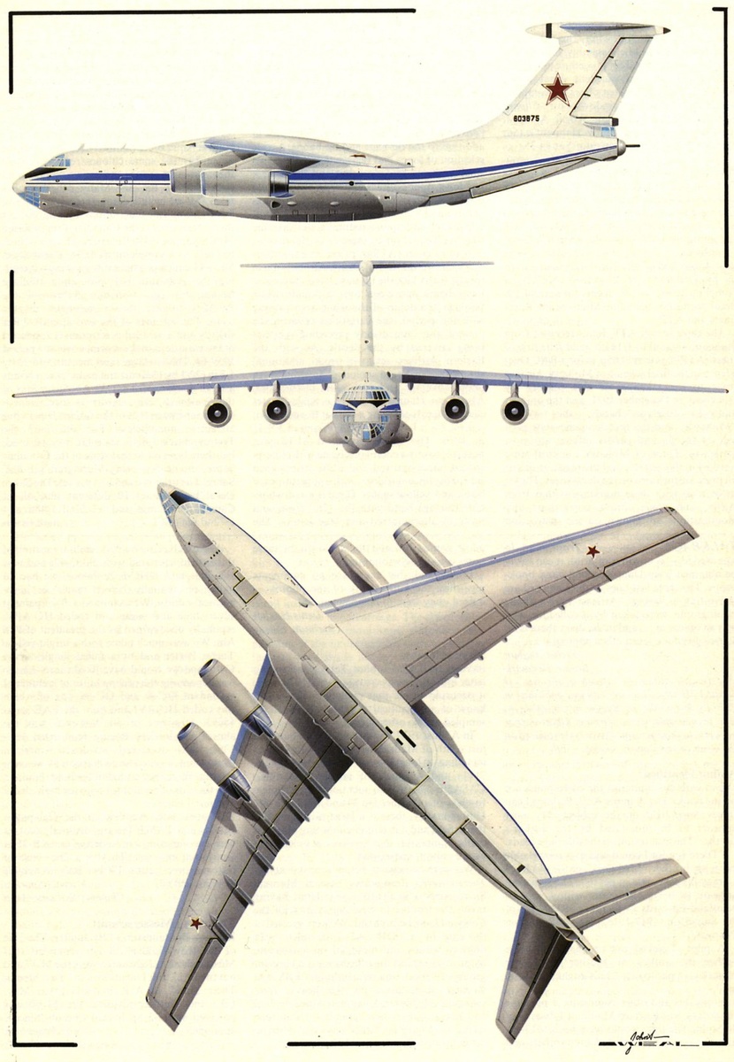 цветная схема в трех проекциях военно-транспортного самолета Ilyushin IL-76 Candid