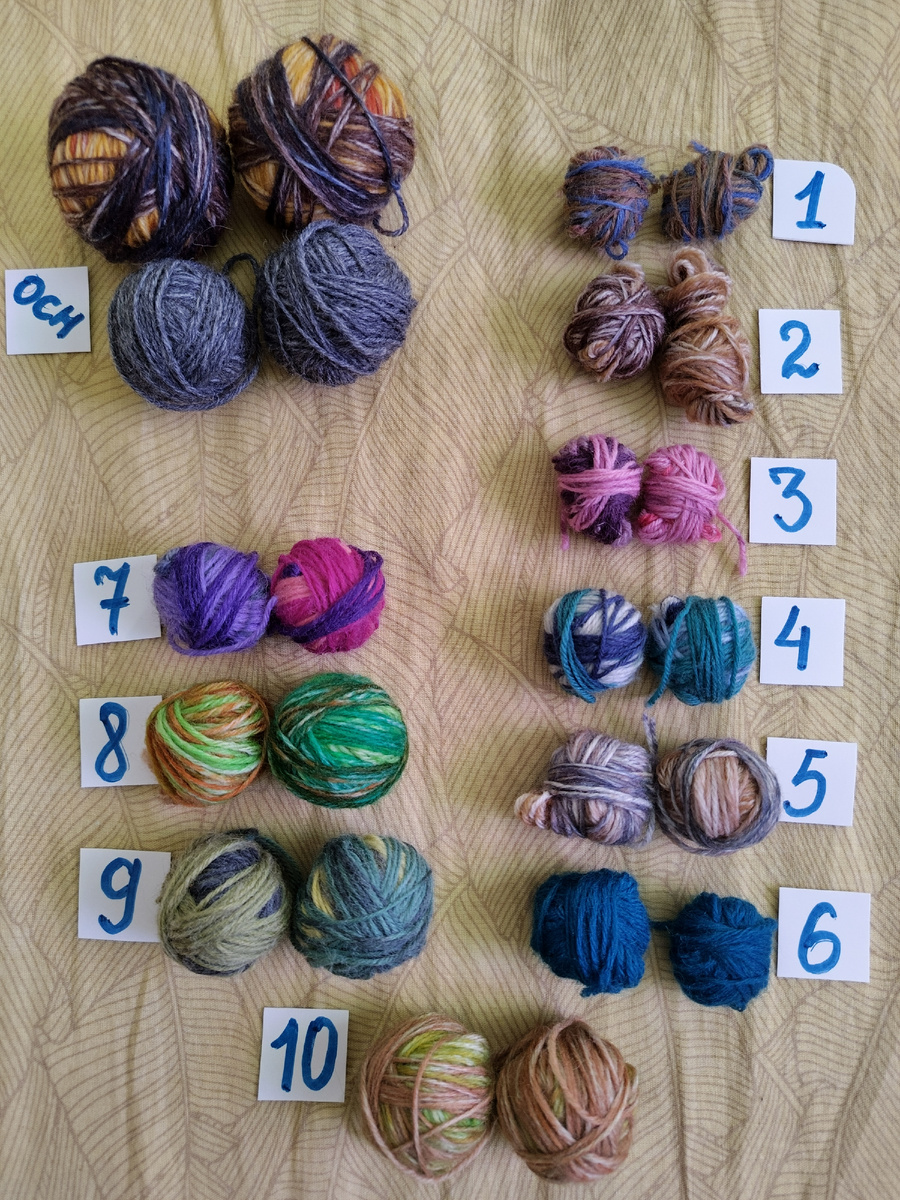 мои пронумерованые моточки, разделенные для двух носочков, потому что я вязала параллельно оба носочка