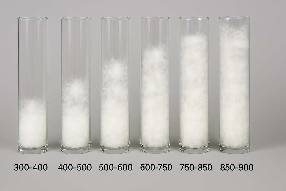 На фото представлен разный показатель Fill Power при одинаковом объеме наполнителя