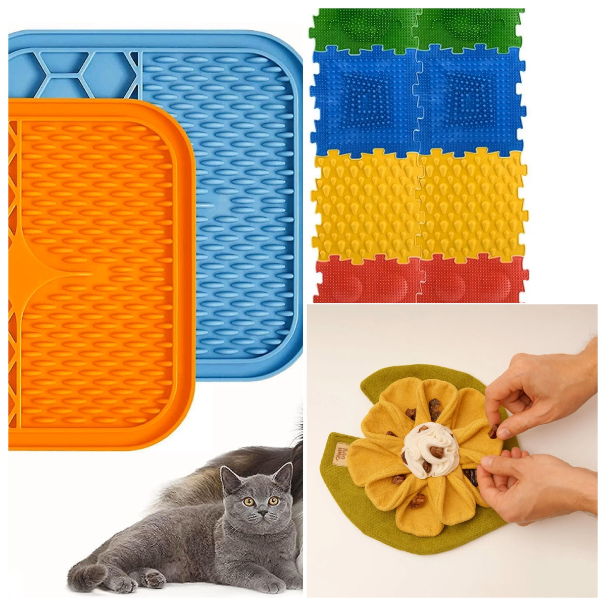 лизательные коврики, тактильные дорожки, нюхательные коврики- все это помогает стимулировать сенсорные системы у пожилого питомца