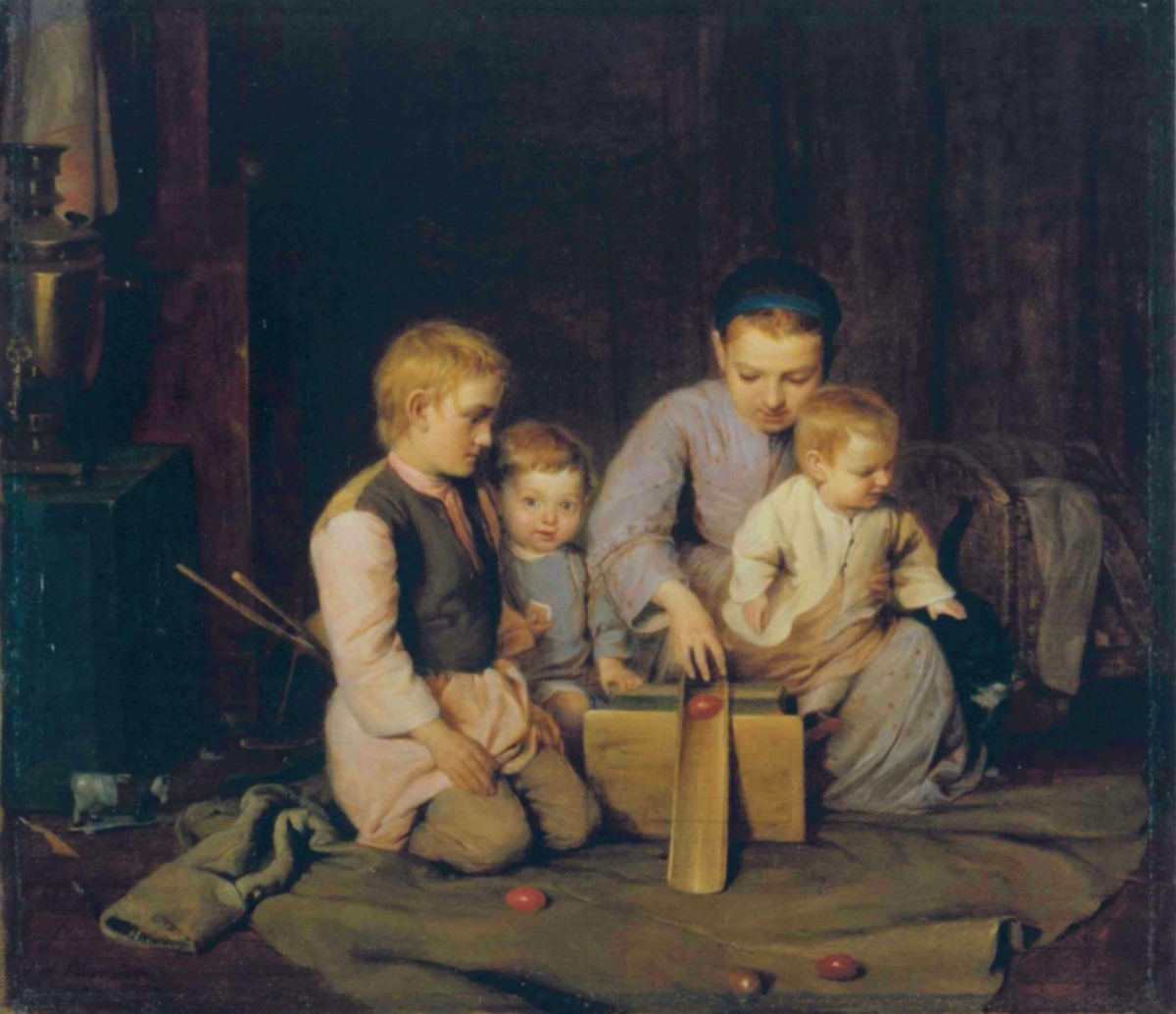 Кошелев Н. А. Дети, катающие пасхальные яйца. 1855. Фото: Государственный Русский музей, https://vk.cc/cKTPcV