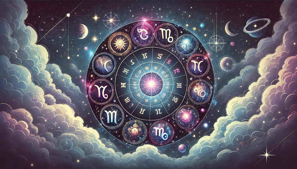 Гороскоп на сегодня" с 12 знаками зодиака на фоне ночного неба и звёзд
