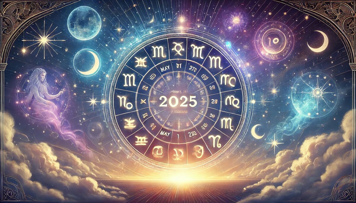 Астрологическая композиция ко дню 02.05.2025 — мистический круг зодиака на фоне космоса с планетами и лунным светом