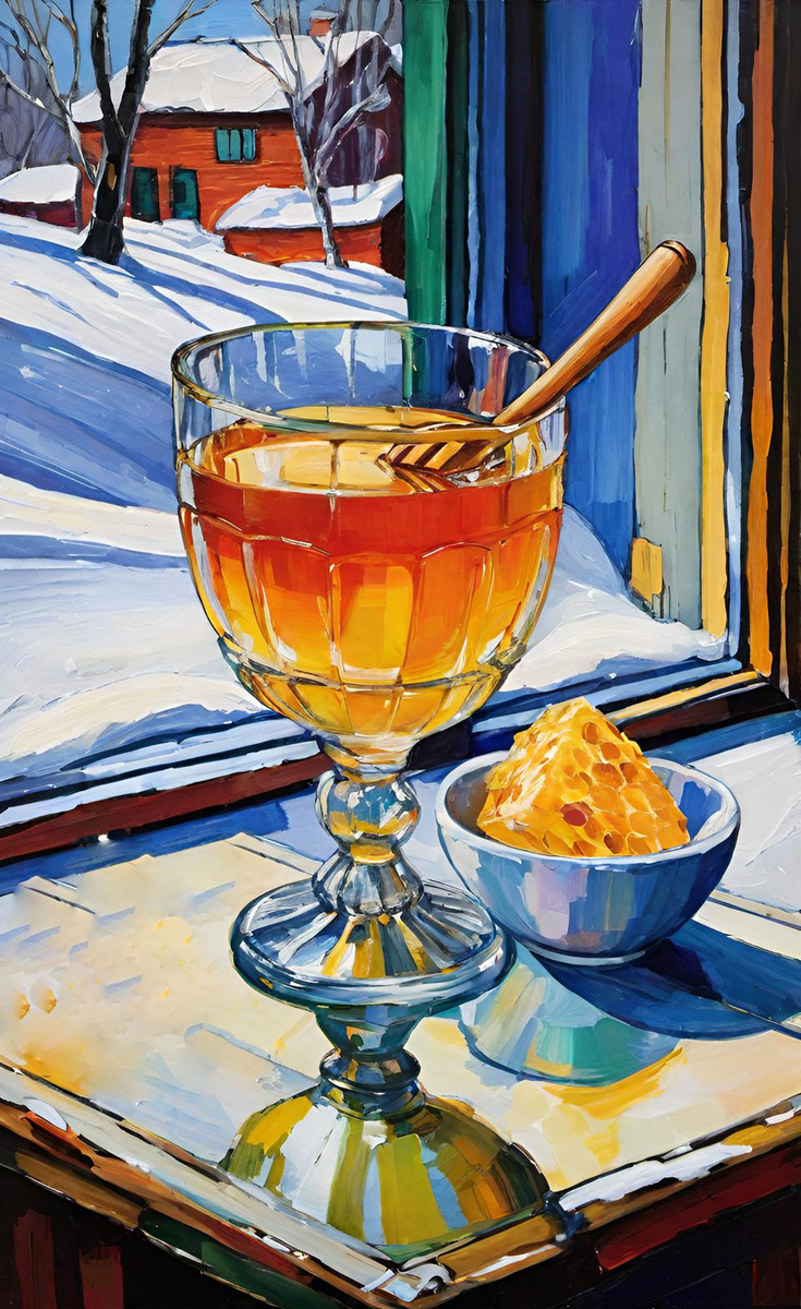 Зимний мёд. Иллюстрация создана с помощью нейросети DreamAI и программы Photoshop.