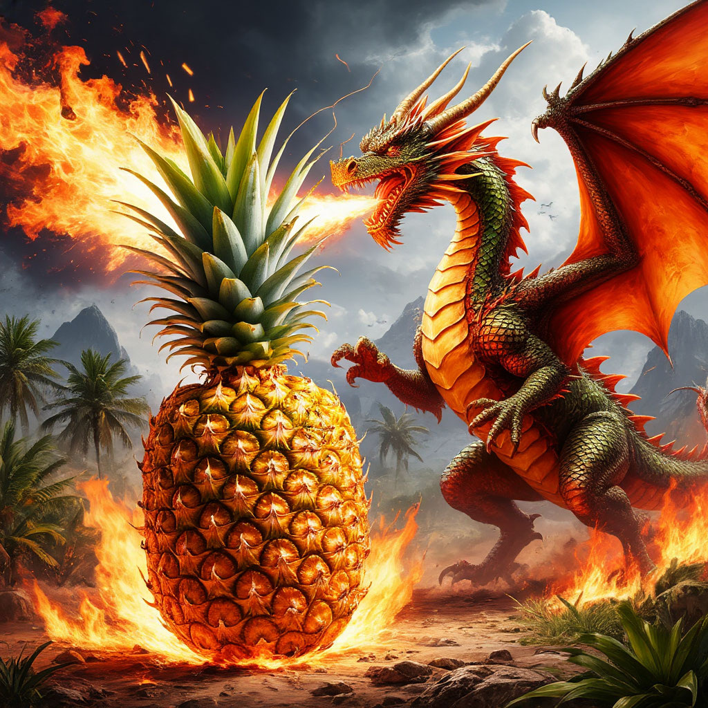 Ананас защищается от нападения дракона, изрыгающий пламя