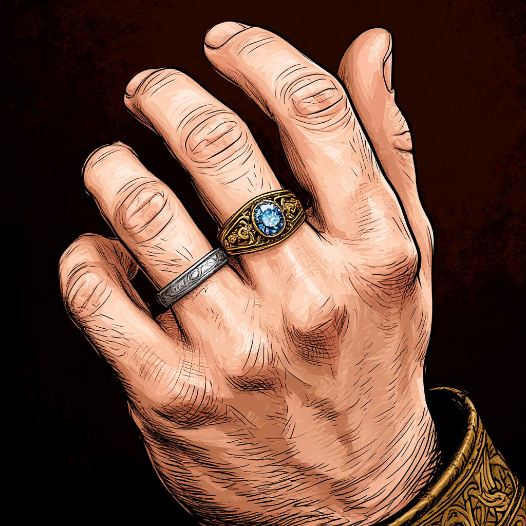 Обручальное кольцо на безымянном пальце в средневековом и рисованном стиле