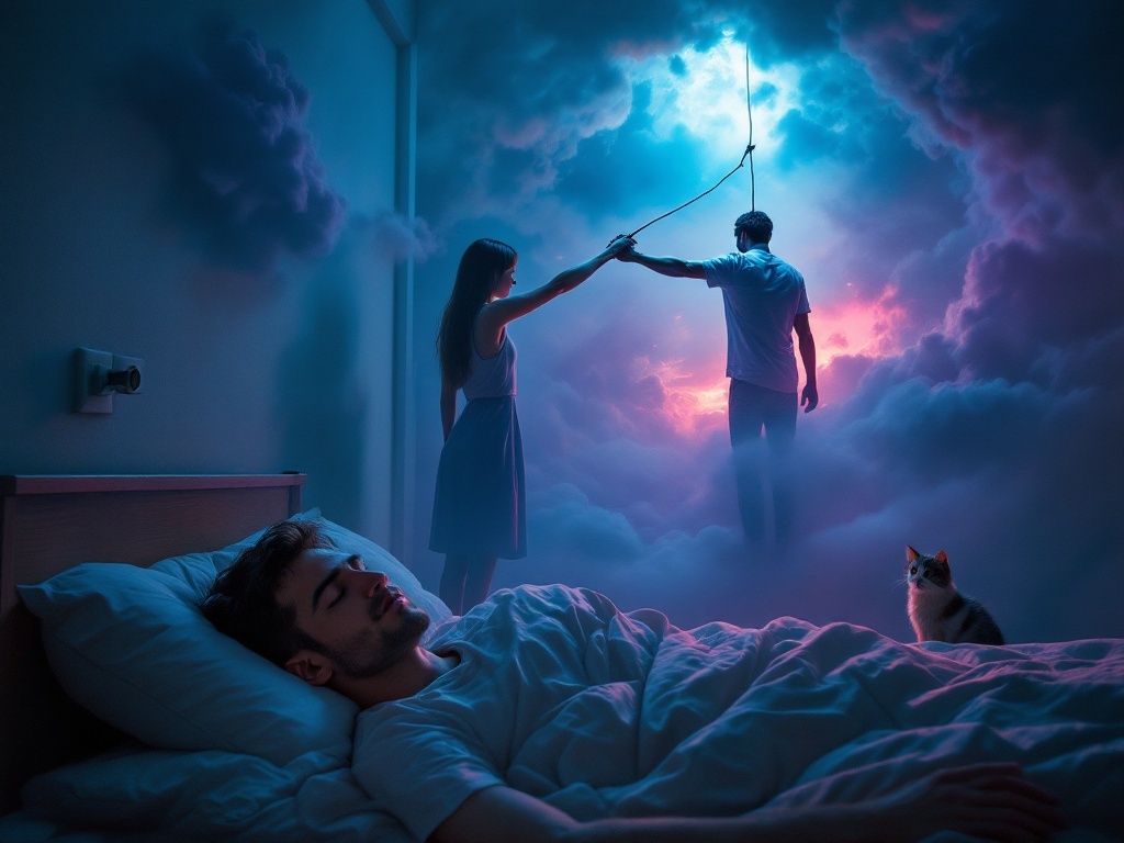    К чему такое снится: На картине изображена комната, в центре которой девушка стоит у розетки и пытается отвести мужчину, цепляющегося за оголенный провод. Мужчина напряженно вытягивает р