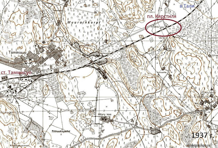 
Остановочный пункт Кярстиля (Kärstilä) на картографической основе 1930-х г.г.