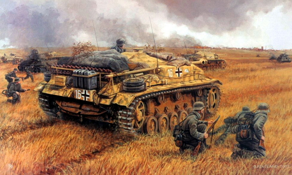 «Атака на Воронеж». Картина британского художника Дэвида Пентланда изображает штурмовые орудия и пехоту дивизии «Великая Германия» в бою с советскими Т-34 летом 1942 года