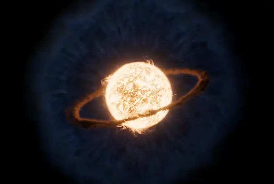 Когда планета по спирали приближалась к звезде, она выбрасывала газ, который со временем расширялся и остывал. Тяжёлые элементы в этом газе конденсировались в холодную пыль, а горячий диск из молекулярного газа вращался ближе к звезде.