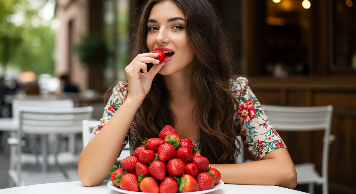 Девушка кушает клубнику