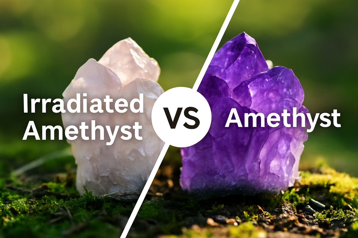 Образное изображение: природный аметист и справа облучённый