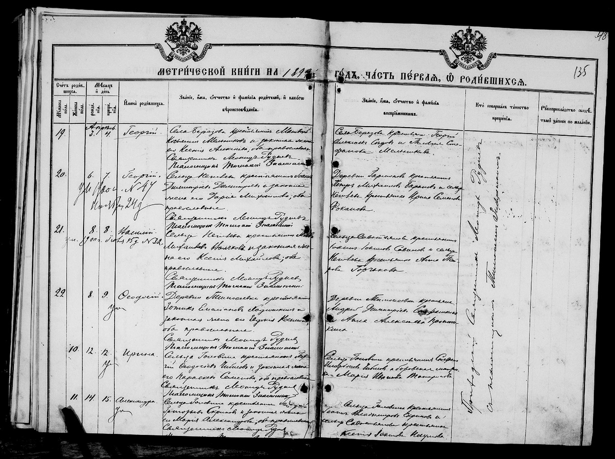 Запись о рождении Георгия у Мельникова Матвея Козьмина - 3.04.1899