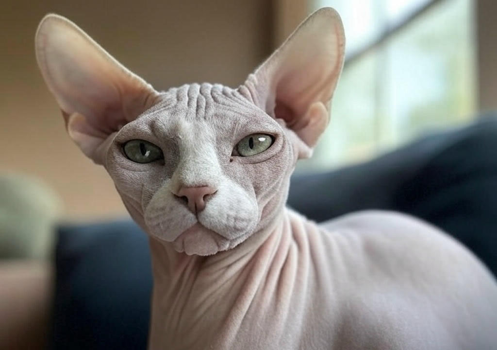 Серовато-розовый сфинкс с выразительными зелеными глазами и массивными ушами.